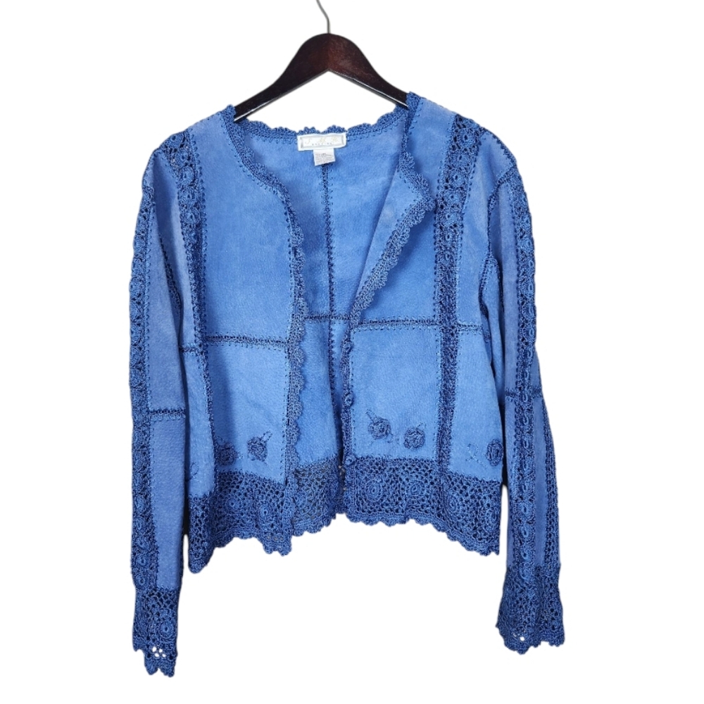 S.M.H. Boutique Blue Leather Embroidered Jacket Medium‎